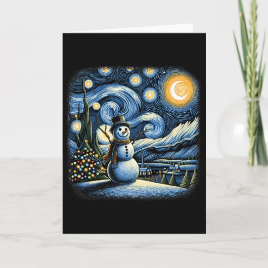 ゴッホの星空のクリスマススノーマン 冬の雪 カード (正面)