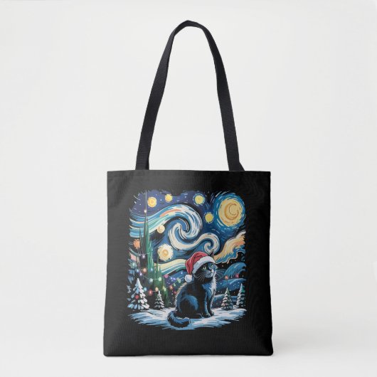 ゴッホの星空のクリスマス 黒猫 トートバッグ (正面)