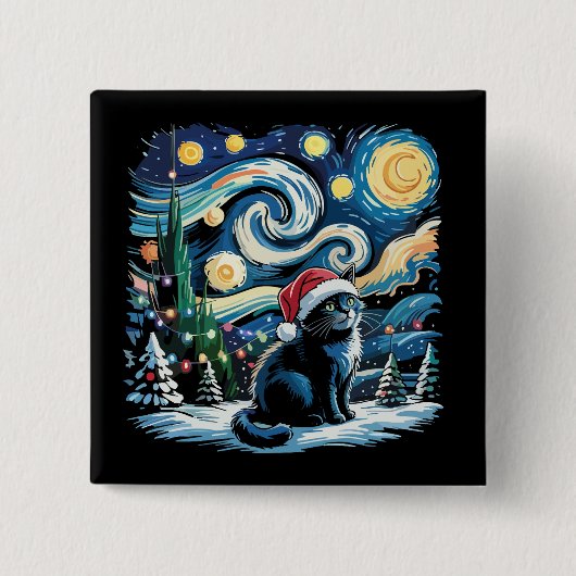 ゴッホの星空のクリスマス 黒猫 缶バッジ (正面)