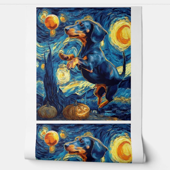 ゴッホの星空のダックスフント ハロウィン  楽しい 壁紙 (ほどく)