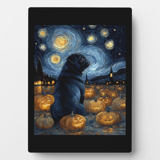 ゴッホの星空のハロウィンFの黒パグ犬 フォトプラーク (正面)