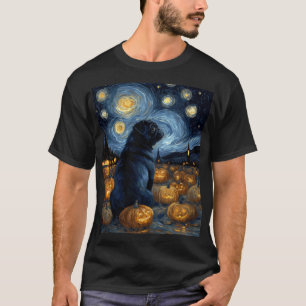 ゴッホの星空のハロウィーンの黒パグ犬F Tシャツ
