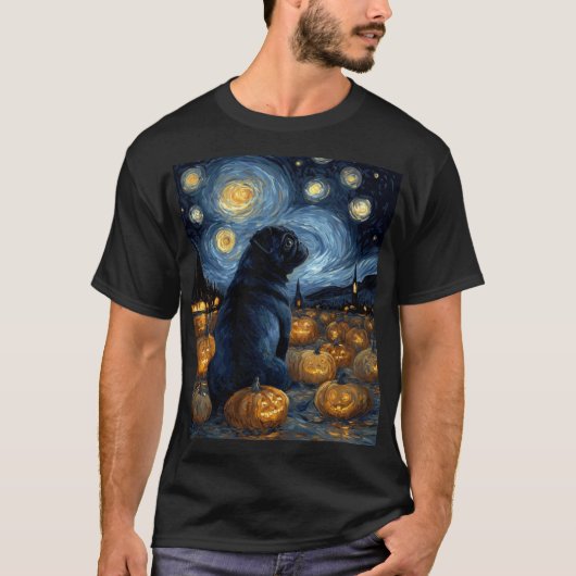 ゴッホの星空のハロウィーンの黒パグ犬F Tシャツ (正面)