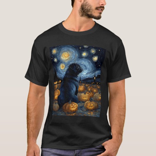 ゴッホの星空のハロウィーンの黒パグ犬F Tシャツ (正面)