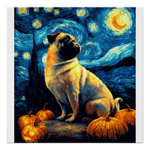 ゴッホの星空のプードル犬 ハロウィン 面白い ジャック・オ・ランタン顔のサブリミナル グラフィックT ポスター