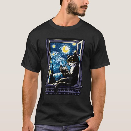 ゴッホの星空の古典的な猫が本を読むヴィンテージ Tシャツ (正面)