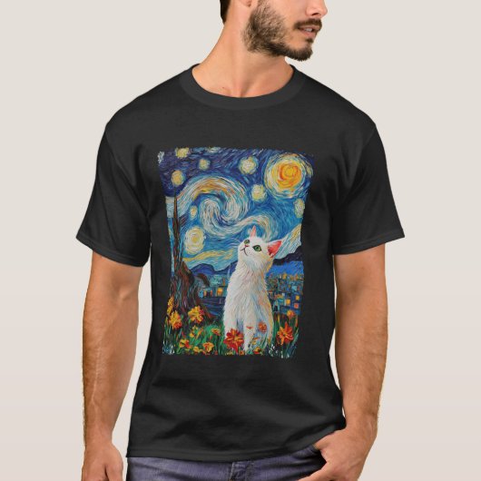 ゴッホの星空の白猫 Tシャツ (正面)