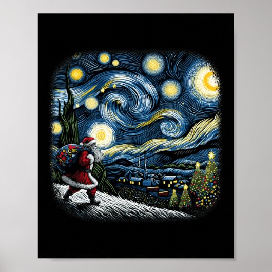ゴッホの星空サンタ クリスマス 冬 雪景色 ポスター (正面)