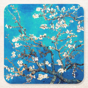 ゴッホの桜の花　輝く青緑色 スクエアペーパーコースター