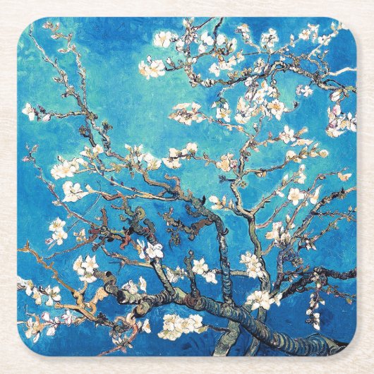 ゴッホの桜の花　輝く青緑色 スクエアペーパーコースター (正面)