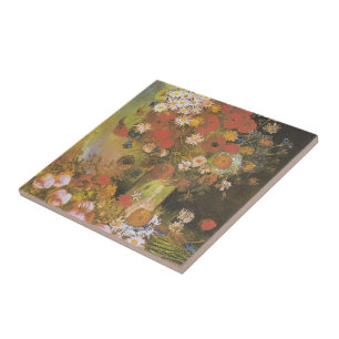 ゴッホの花の静物画 赤いポピーとバラ タイル
