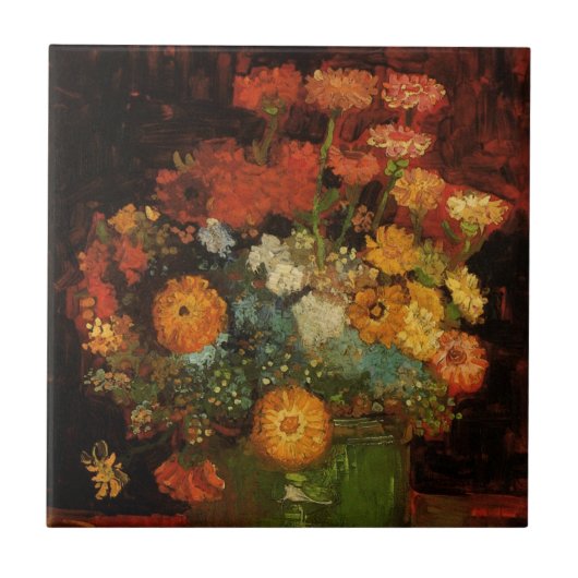 ゴッホの静物画「ジニアの花瓶」 タイル (正面)