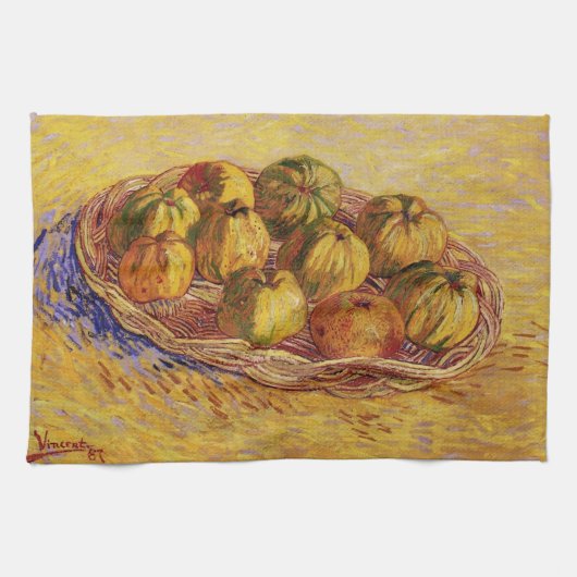 ゴッホの静物画、リンゴのかご キッチンタオル (横)