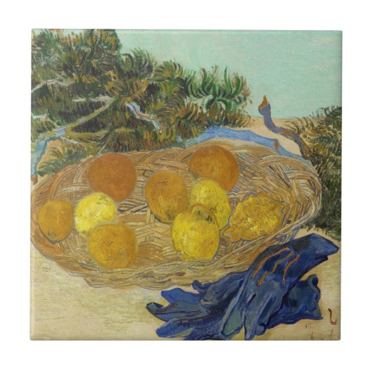 ゴッホの静物画「青い手袋のあるオレンジとレモン」 タイル (正面)