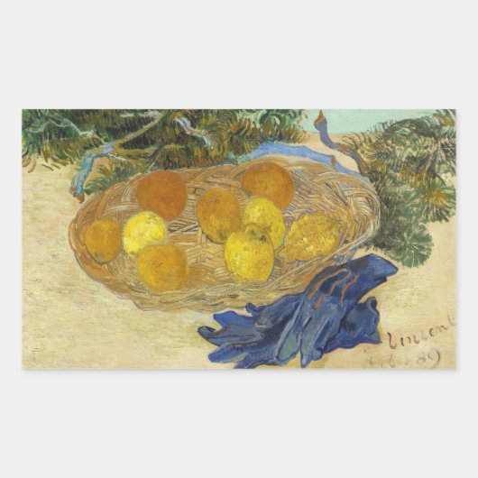 ゴッホの静物画「青い手袋のあるオレンジとレモン」 長方形シール (正面)