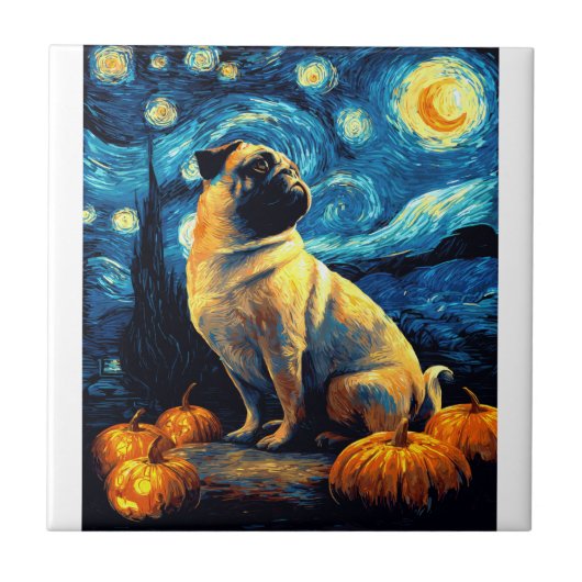 ゴッホの「星の夜」ハロウィン面白いパグ犬TシャツJ タイル (正面)