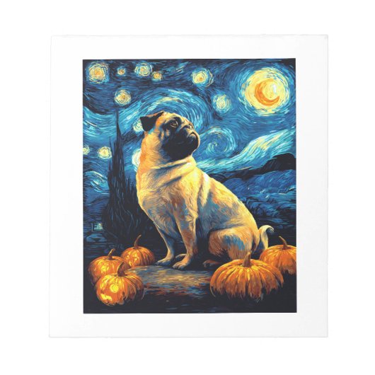 ゴッホの「星の夜」ハロウィン面白いパグ犬TシャツJ ノートパッド (正面)