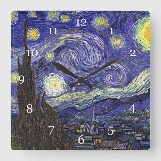 ゴッホの「星月夜」 スクエア壁時計 (正面)