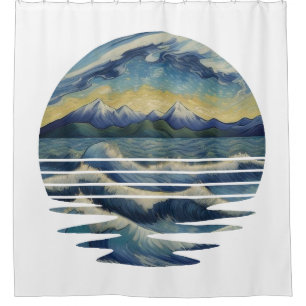 ゴッホスタイルの絵画セット、夕焼けの海 シャワーカーテン