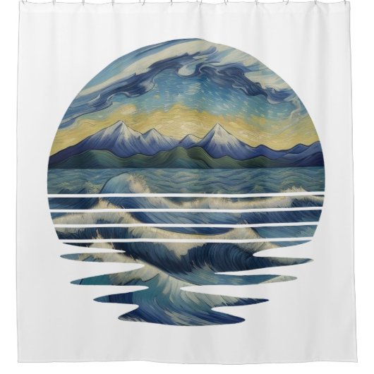 ゴッホスタイルの絵画セット、夕焼けの海 シャワーカーテン (正面)