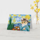 ゴッホ猫、星明かりの夜からかい カード (黄色い花)