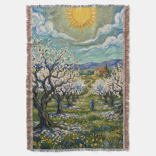 ゴッホ風のアルモンドの果樹園 日の当たる花咲く ファインアート スローブランケット (正面縦)