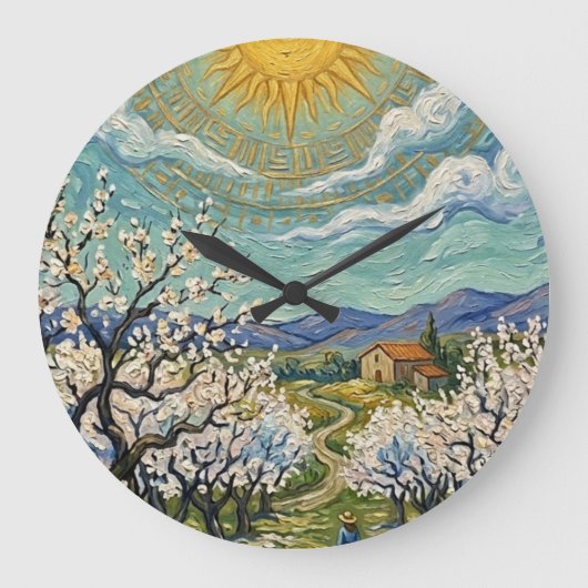 ゴッホ風のアルモンドの果樹園 日の当たる花 blossom ラージ壁時計 (正面)