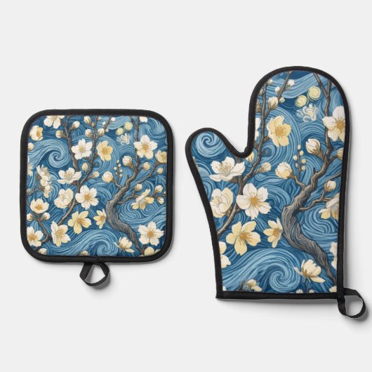 ゴッホ風の梅の花 鍋つかみ&鍋敷きセット (正面)