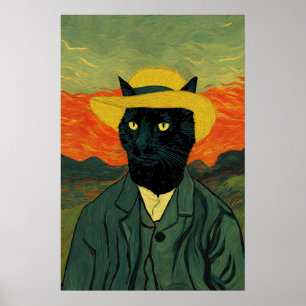 ゴッホ風の猫アートプリント 楽しい黒猫の肖像画 ポスター