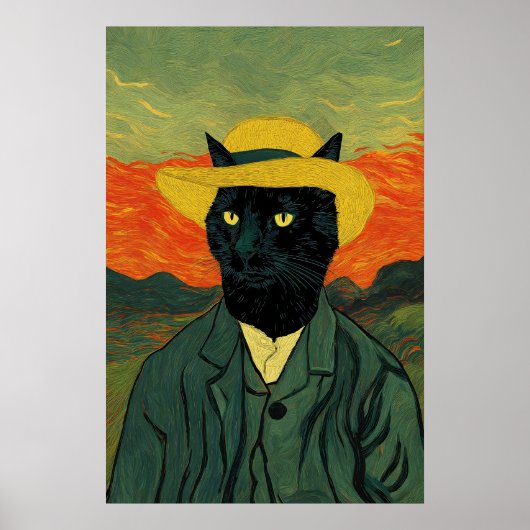 ゴッホ風の猫アートプリント 楽しい黒猫の肖像画 ポスター (正面)