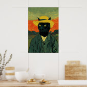 ゴッホ風の猫アートプリント 楽しい黒猫の肖像画 ポスター (キッチン)