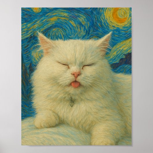 ゴッホ風の猫アート - 星空の下の白猫 ポスター (正面)