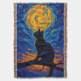 ゴッホ風の黒猫の月見 スローブランケット