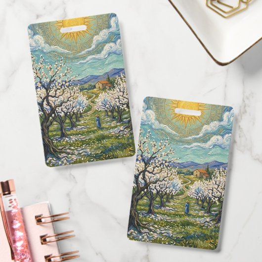 ゴッホ風アーモンドの果樹園 日の当たる花 blossom バッジ (オフィス)