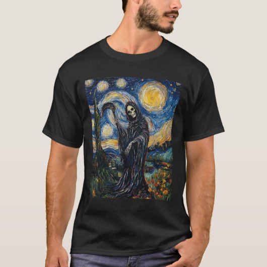 ゴッホ風グリムリーパー スケルトン 星空の夜 Tシャツ (正面)