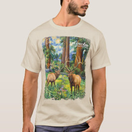 ゴッホ風ビンテージ・フォレスト・レッドウッド・ワイルドライフ・エルク Tシャツ