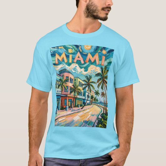 ゴッホ風マイアミ オーシャンドライブ 海岸の色彩 Tシャツ (正面)