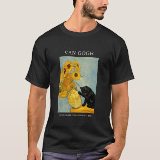 ゴッホ風変わりな猫とひまわりの花瓶 Tシャツ