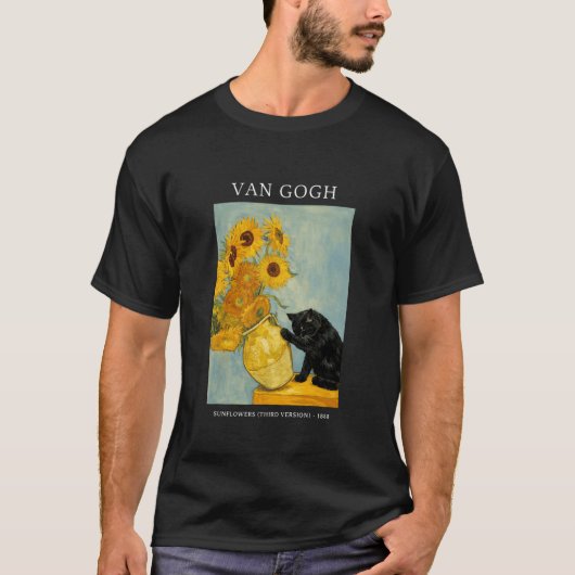 ゴッホ風変わりな猫とひまわりの花瓶 Tシャツ (正面)