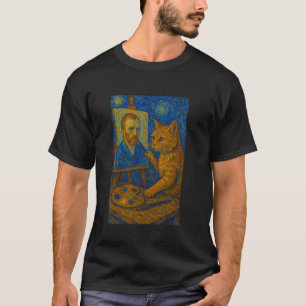 ゴッホ風猫の絵 面白い芸術的な猫好きスタ Tシャツ