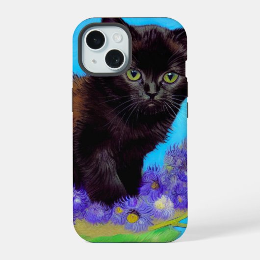 ゴッホ風 猫と花 iPhone 15ケース (裏面)