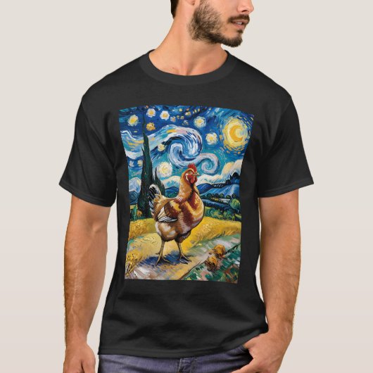 ゴッホ風 鶏の星空 夜のニワトリ農場 ポールトリー Tシャツ (正面)