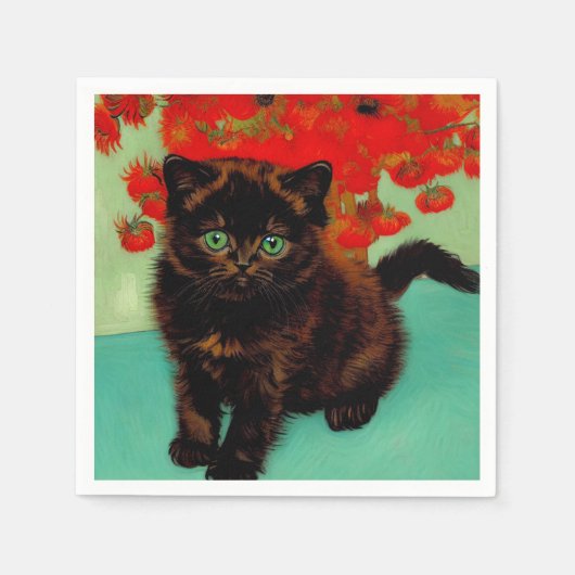 ゴッホ 黒猫 赤い花 スタンダードカクテルナプキン (正面)