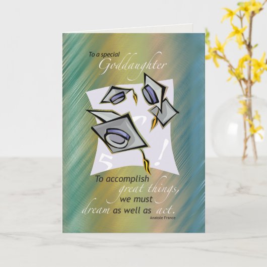 ゴド娘の卒業の帽子を空中に、お祝い カード (黄色い花)