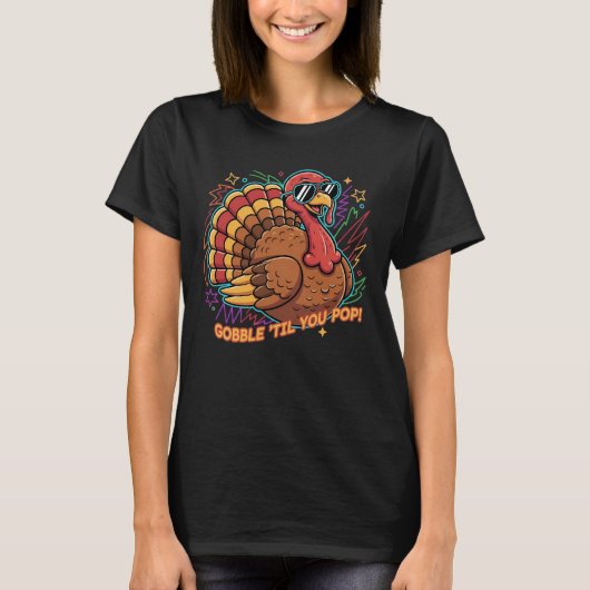 ゴブゴブポップ!面白くてレトロな七面鳥のサンクスギビング Tシャツ (正面)