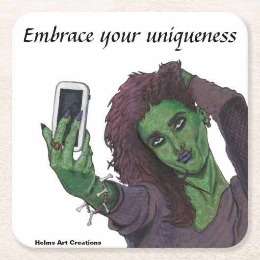 ゴブリンガール携帯電話セルフィーユニークコースターセット スクエアペーパーコースター (正面)