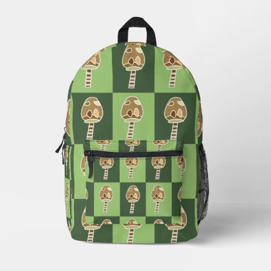 ゴブリンコアマッシュルームグリーン市松模様にゴブリンコア プリントバックパック (正面)