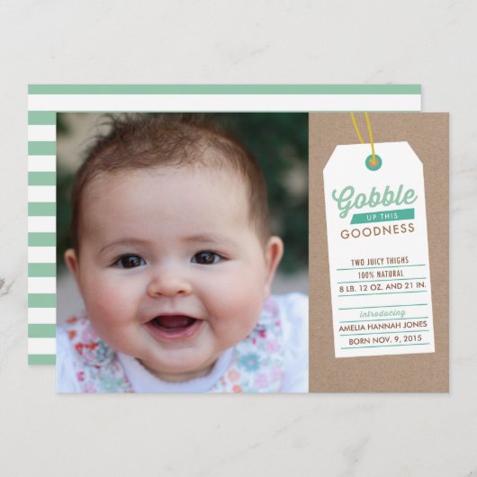 ゴブルベビーアップ誕生発表ティール（緑がかった色） 案内状 (正面/裏面)