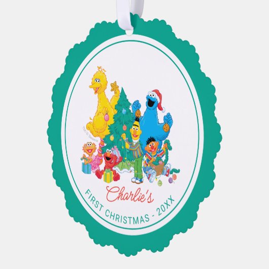 ゴマストリートパル |個人用初めてのクリスマスの写真 オーナメントカード (左)