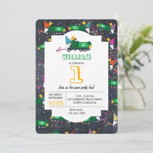 ゴミカスタムトラック誕生日パーティーのリサイクル 招待状 (スタンド正面)